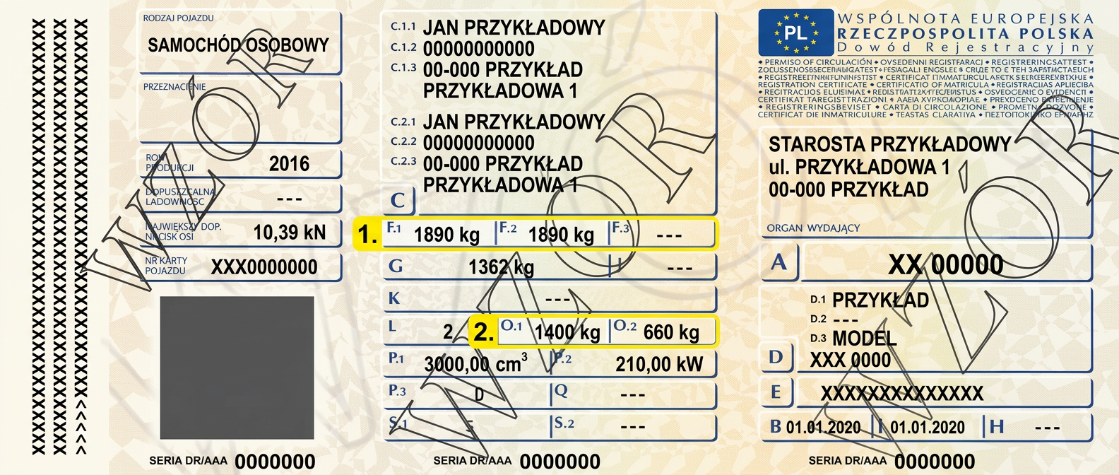 Przykładowy dowód rejestracyjny z zaznaczonymi polami F.2 i O.1 – wzór, dane fikcyjne